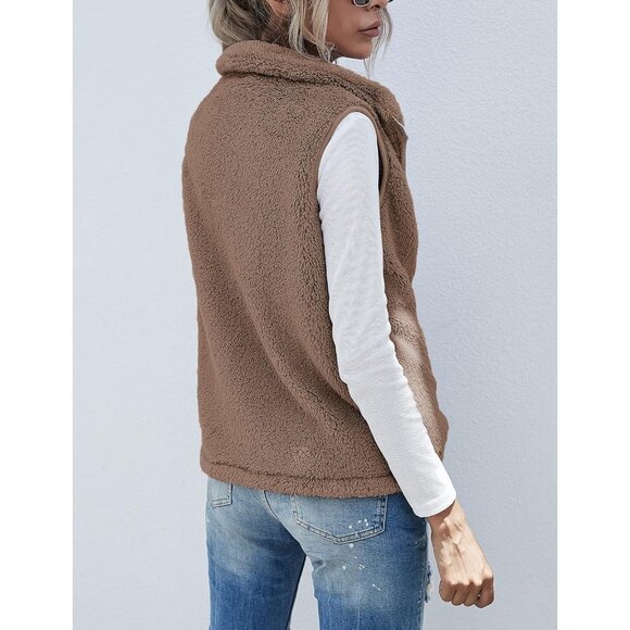 Women's Brown Sherpa Fleece Jacket Lightweight Vest Cozy Sleeveless Cardigan - Picture 5 of 6
